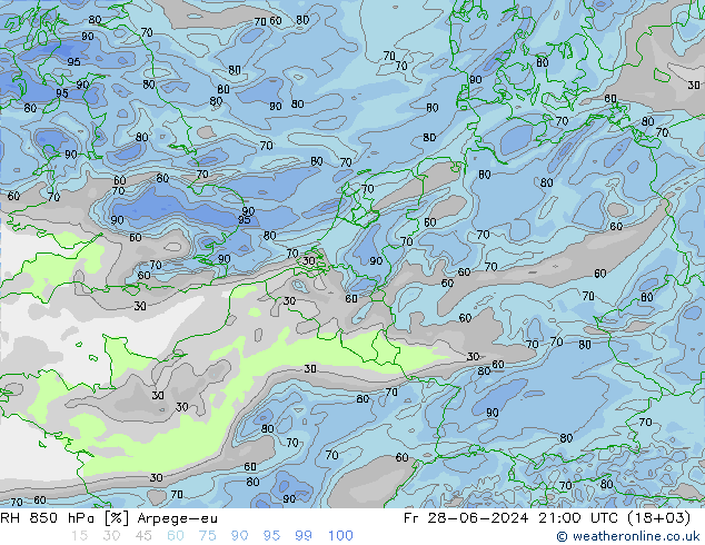 RH 850 hPa Arpege-eu 星期五 28.06.2024 21 UTC
