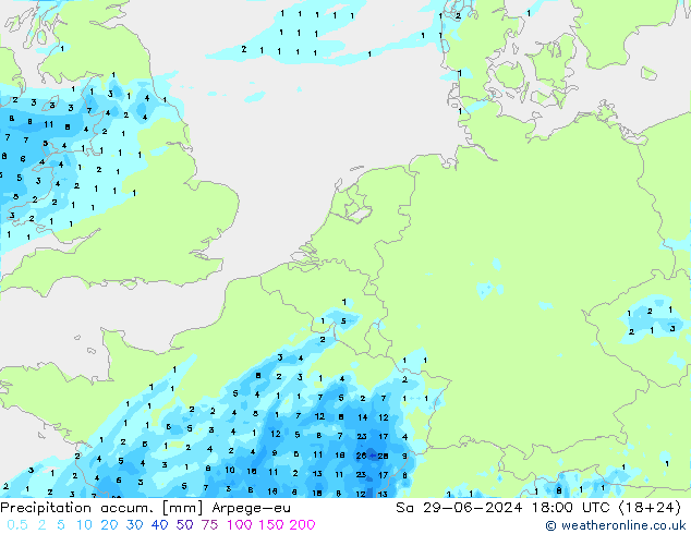 Precipitation accum. Arpege-eu 星期六 29.06.2024 18 UTC