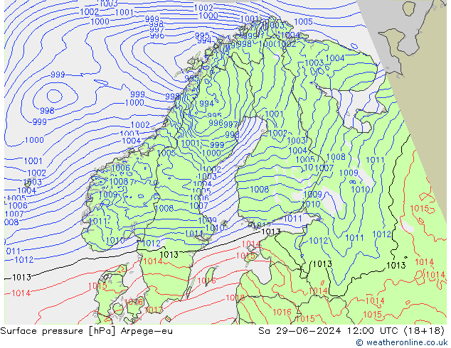 地面气压 Arpege-eu 星期六 29.06.2024 12 UTC