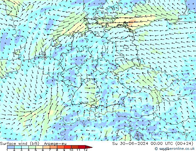 Wind 10 m (bft) Arpege-eu zo 30.06.2024 00 UTC