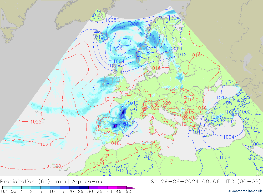 降水量 (6h) Arpege-eu 星期六 29.06.2024 06 UTC