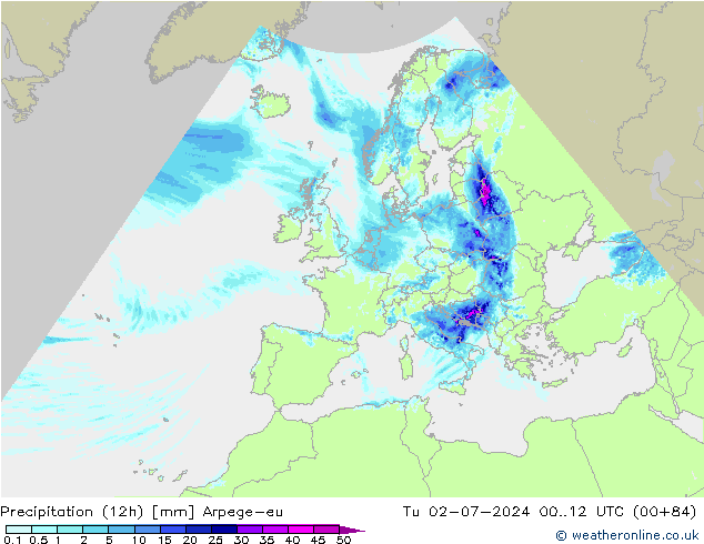 降水量 (12h) Arpege-eu 星期二 02.07.2024 12 UTC