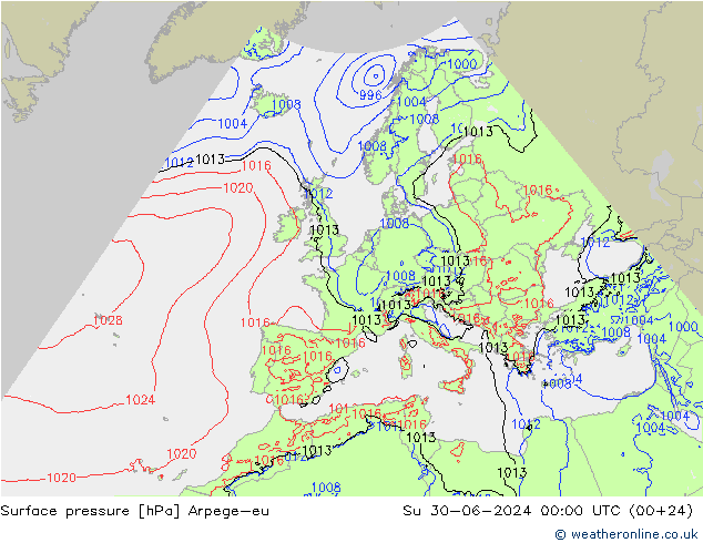 地面气压 Arpege-eu 星期日 30.06.2024 00 UTC