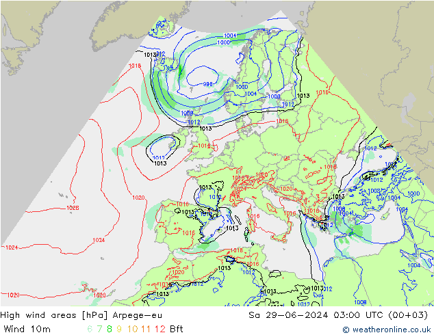 High wind areas Arpege-eu 星期六 29.06.2024 03 UTC