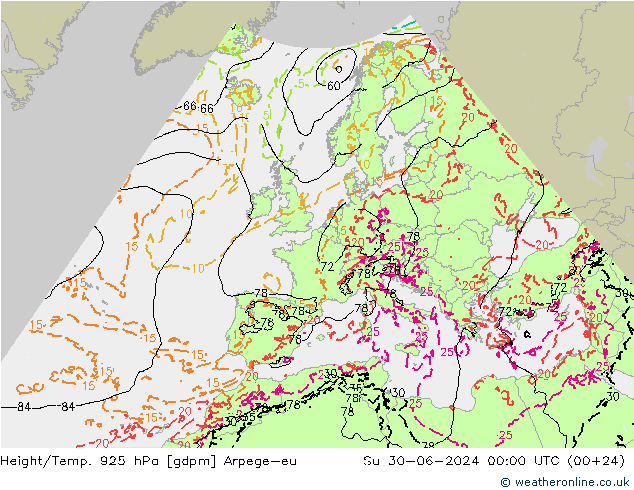 Height/Temp. 925 hPa Arpege-eu 星期日 30.06.2024 00 UTC