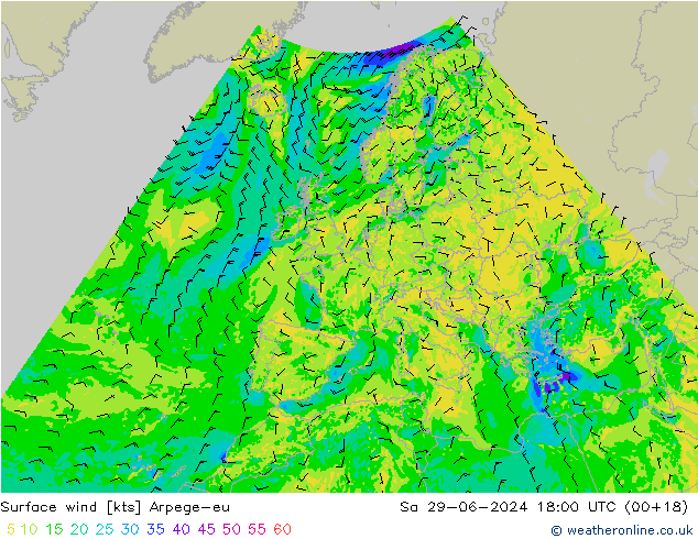 Wind 10 m Arpege-eu za 29.06.2024 18 UTC