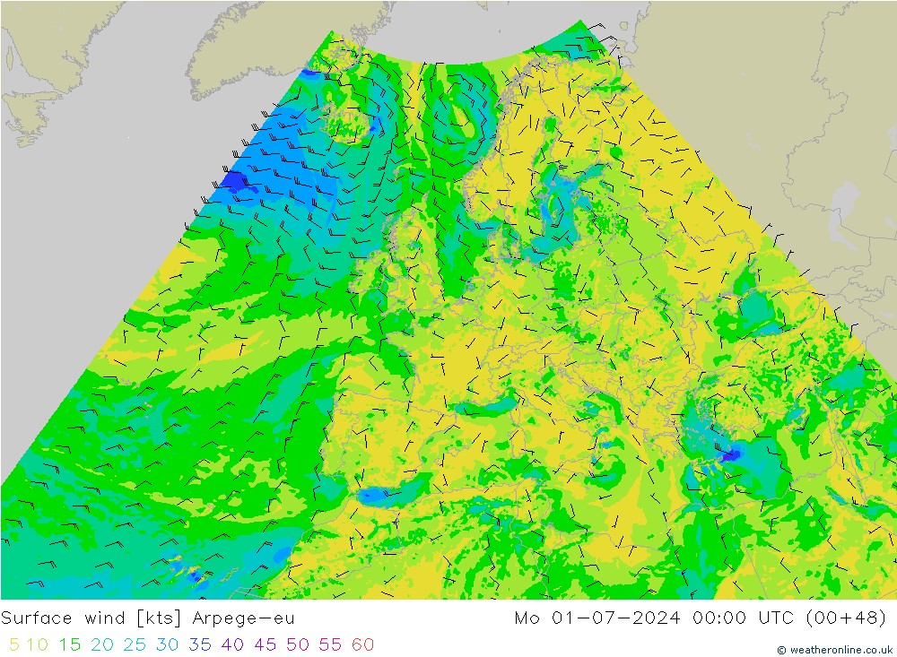 Wind 10 m Arpege-eu ma 01.07.2024 00 UTC