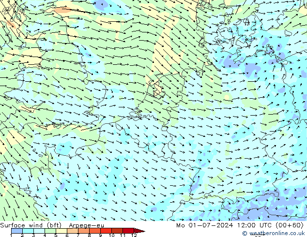 Wind 10 m (bft) Arpege-eu ma 01.07.2024 12 UTC