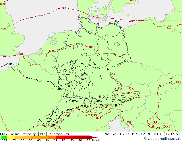 Max. wind snelheid Arpege-eu wo 03.07.2024 12 UTC