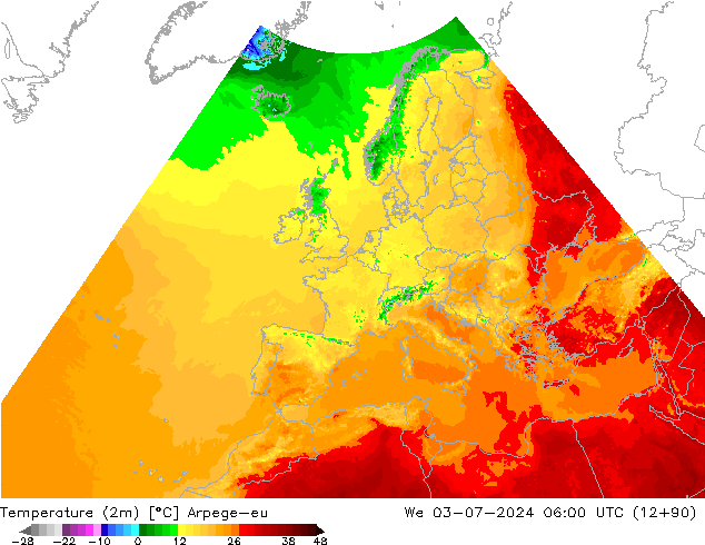 Temperatuurkaart (2m) Arpege-eu wo 03.07.2024 06 UTC