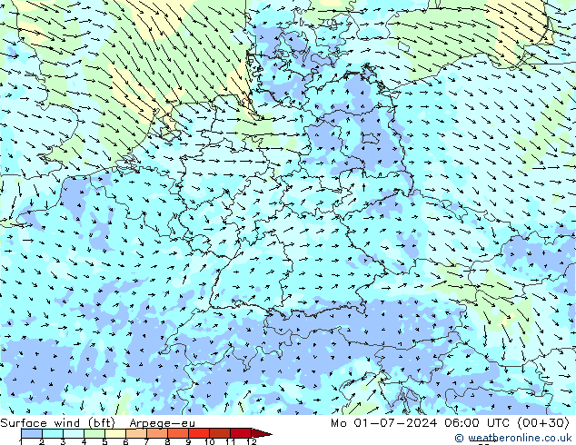 Wind 10 m (bft) Arpege-eu ma 01.07.2024 06 UTC