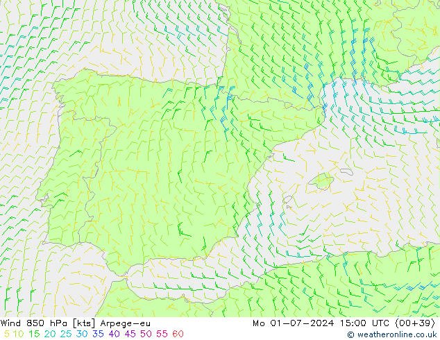 Wind 850 hPa Arpege-eu ma 01.07.2024 15 UTC