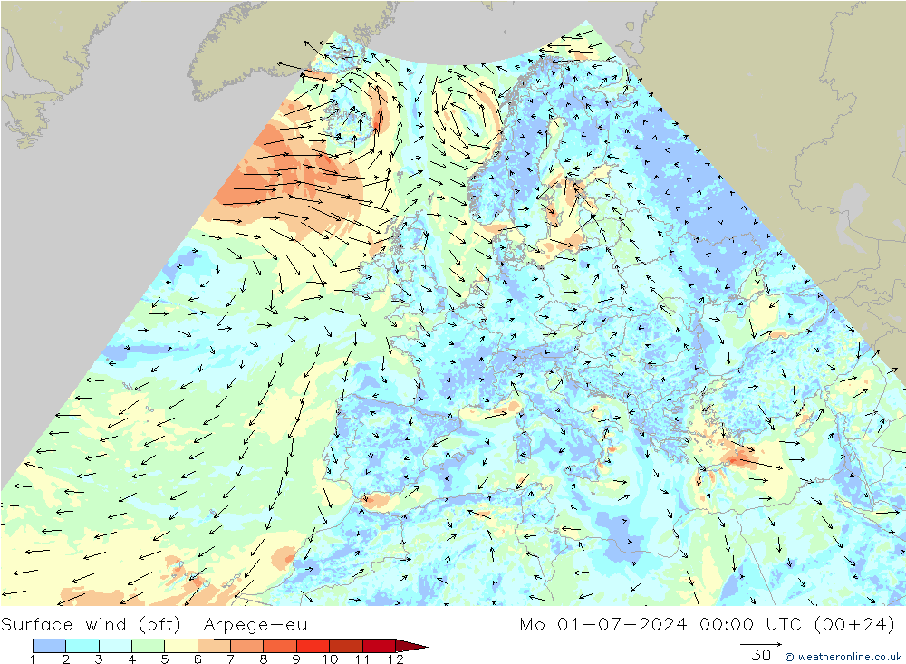 �N 10 米 (bft) Arpege-eu 星期一 01.07.2024 00 UTC