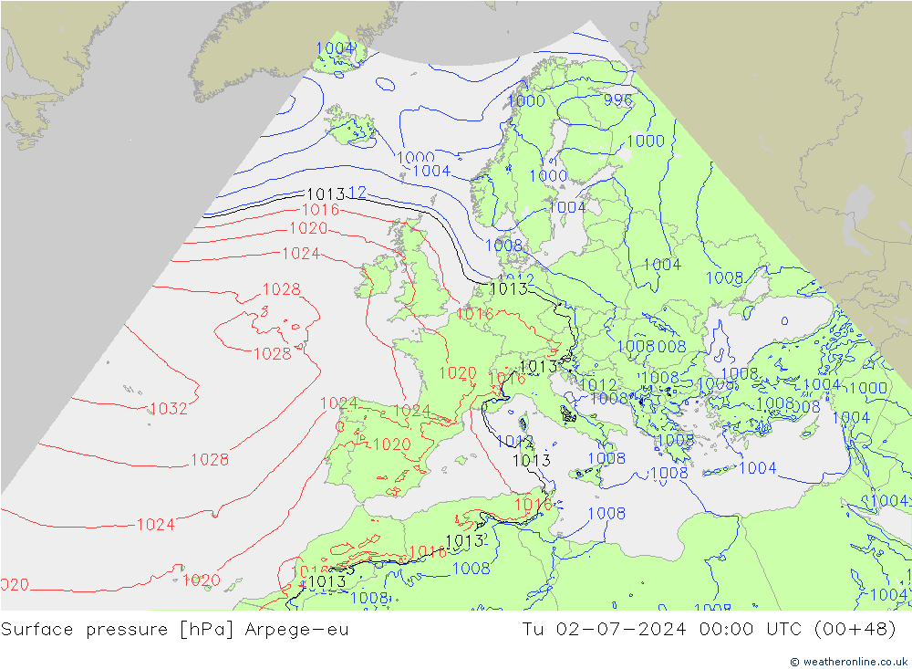 地面气压 Arpege-eu 星期二 02.07.2024 00 UTC