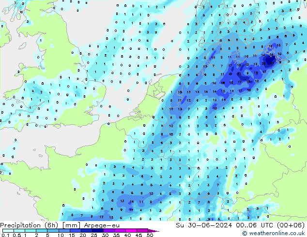 降水量 (6h) Arpege-eu 星期日 30.06.2024 06 UTC