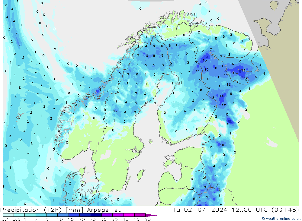 Totale neerslag (12h) Arpege-eu di 02.07.2024 00 UTC