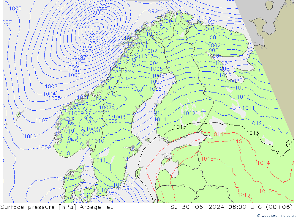 地面气压 Arpege-eu 星期日 30.06.2024 06 UTC