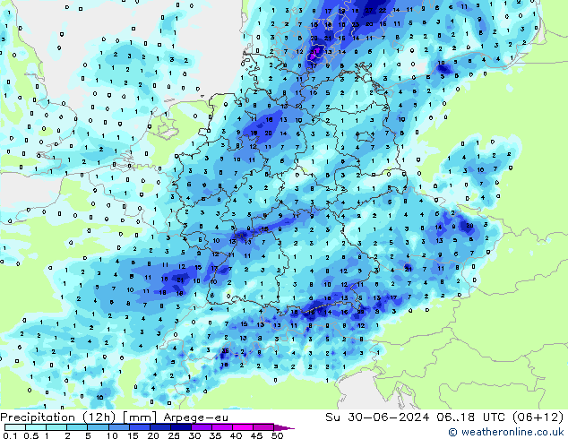 降水量 (12h) Arpege-eu 星期日 30.06.2024 18 UTC