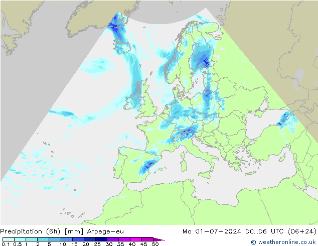 降水量 (6h) Arpege-eu 星期一 01.07.2024 06 UTC