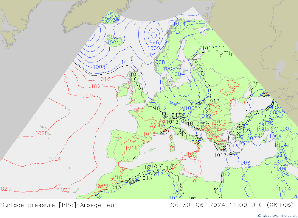 地面气压 Arpege-eu 星期日 30.06.2024 12 UTC
