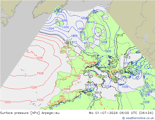 地面气压 Arpege-eu 星期一 01.07.2024 06 UTC