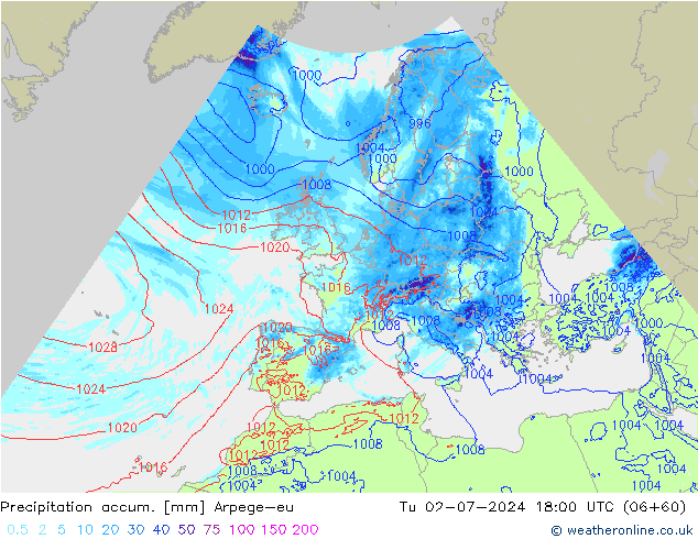 Precipitation accum. Arpege-eu 星期二 02.07.2024 18 UTC