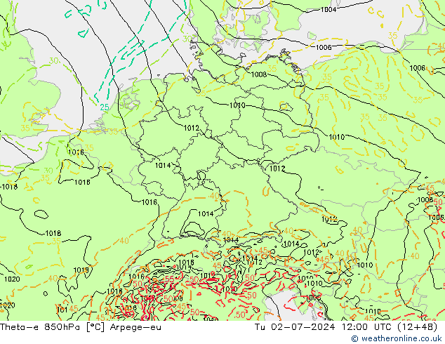 Theta-e 850hPa Arpege-eu di 02.07.2024 12 UTC