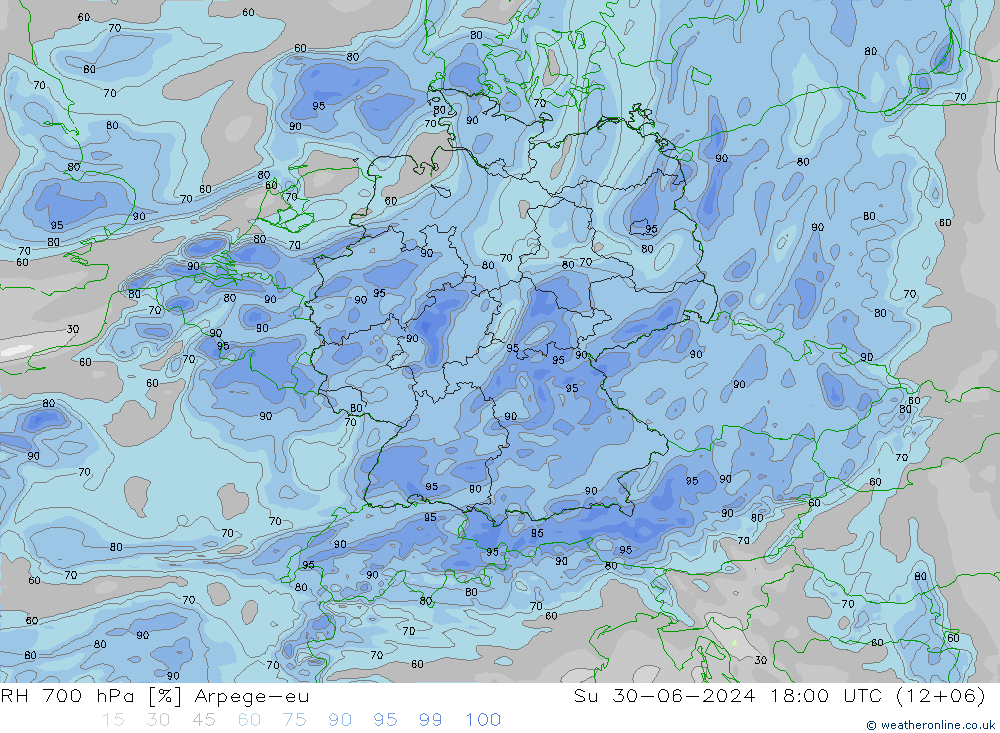 RH 700 hPa Arpege-eu 星期日 30.06.2024 18 UTC