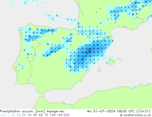 Totale neerslag Arpege-eu ma 01.07.2024 09 UTC