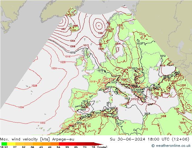 Max. wind velocity Arpege-eu 星期日 30.06.2024 18 UTC