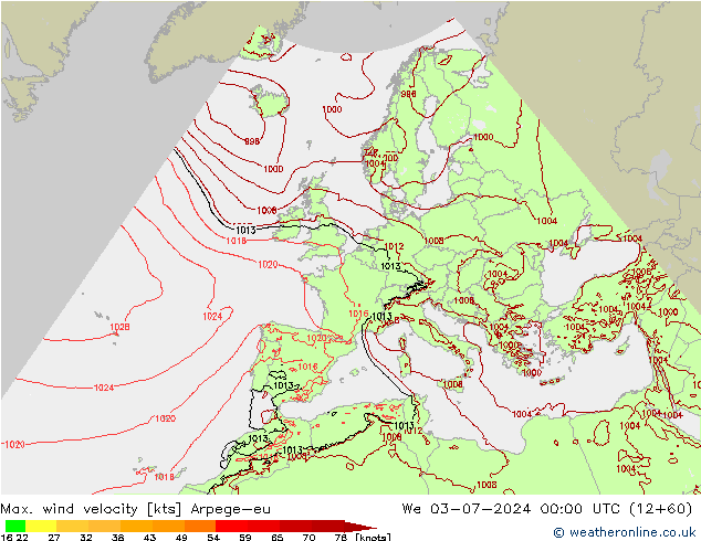 Max. wind velocity Arpege-eu 星期三 03.07.2024 00 UTC