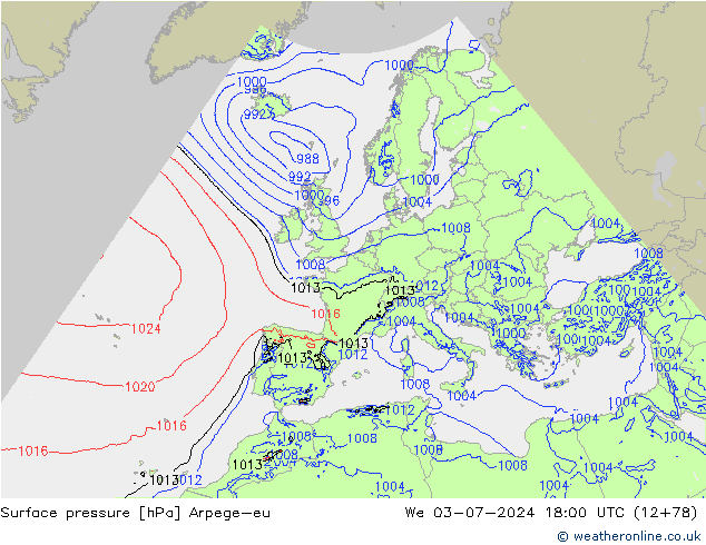 地面气压 Arpege-eu 星期三 03.07.2024 18 UTC
