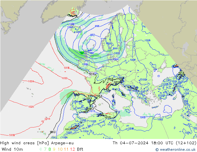 High wind areas Arpege-eu 星期四 04.07.2024 18 UTC