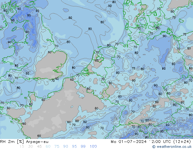 RH 2m Arpege-eu 星期一 01.07.2024 12 UTC