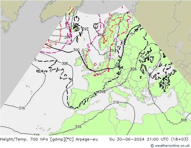 Height/Temp. 700 hPa Arpege-eu 星期日 30.06.2024 21 UTC