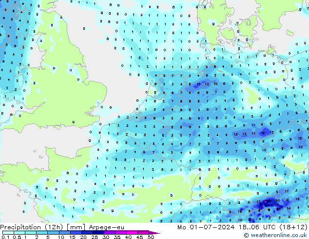 降水量 (12h) Arpege-eu 星期一 01.07.2024 06 UTC