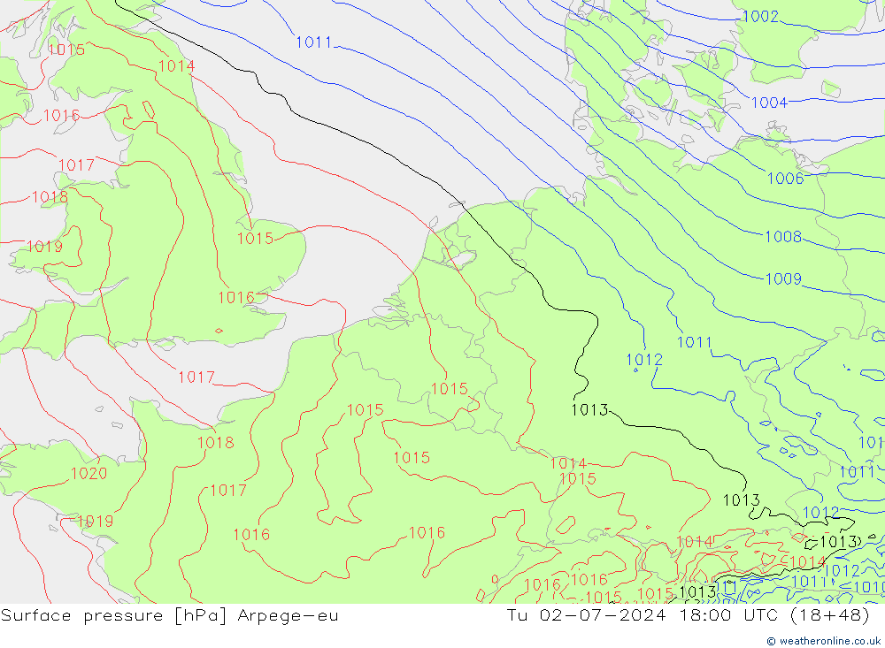 地面气压 Arpege-eu 星期二 02.07.2024 18 UTC