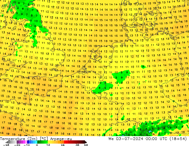 Temperatuurkaart (2m) Arpege-eu wo 03.07.2024 00 UTC