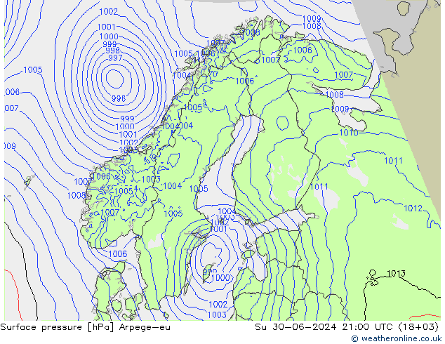 地面气压 Arpege-eu 星期日 30.06.2024 21 UTC