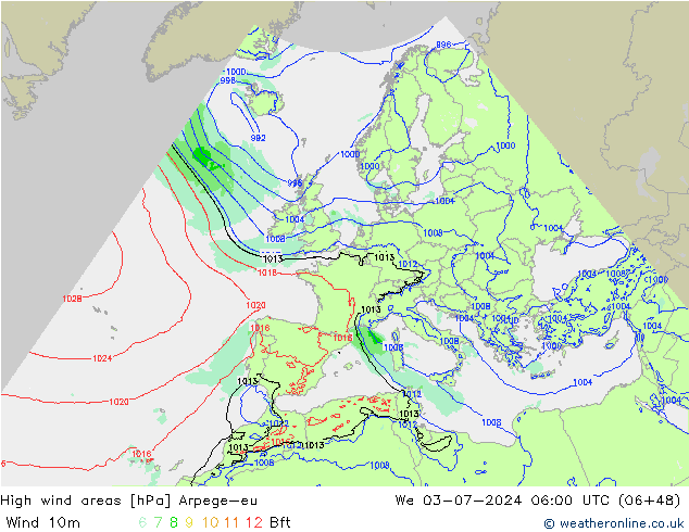 Windvelden Arpege-eu wo 03.07.2024 06 UTC