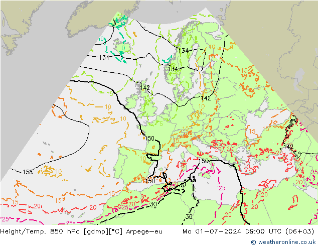 Hoogte/Temp. 850 hPa Arpege-eu ma 01.07.2024 09 UTC