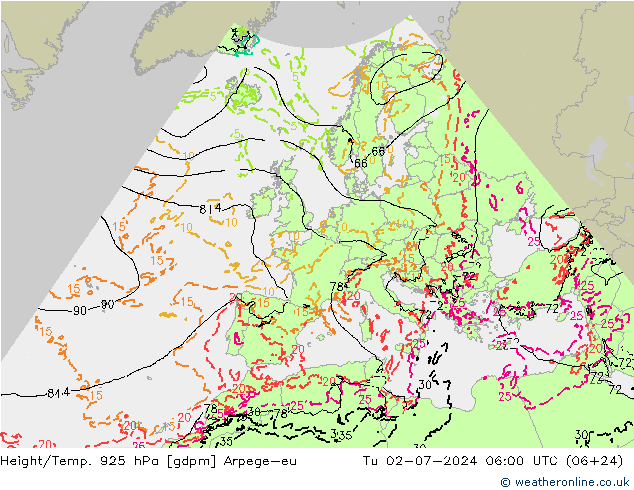 Height/Temp. 925 hPa Arpege-eu 星期二 02.07.2024 06 UTC
