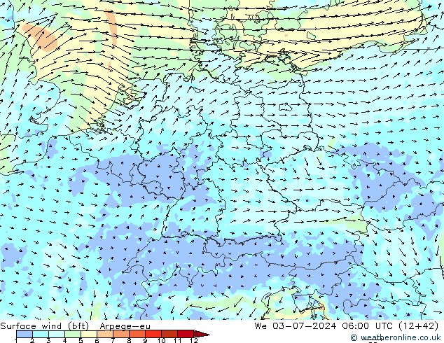 Wind 10 m (bft) Arpege-eu wo 03.07.2024 06 UTC