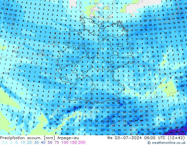 Totale neerslag Arpege-eu wo 03.07.2024 06 UTC