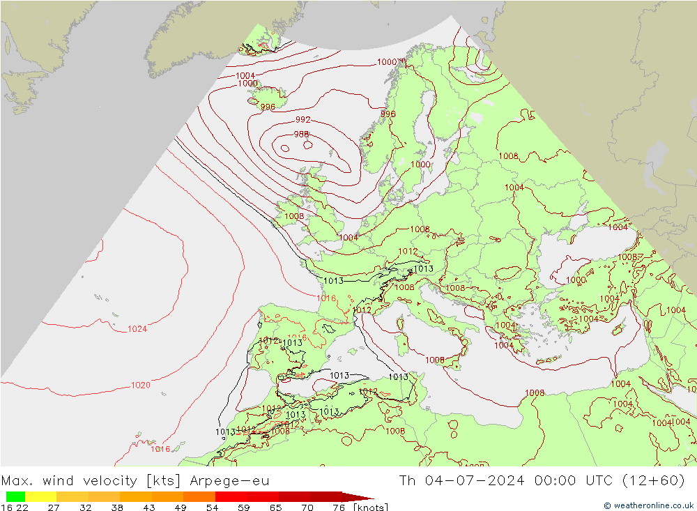 Max. wind velocity Arpege-eu 星期四 04.07.2024 00 UTC