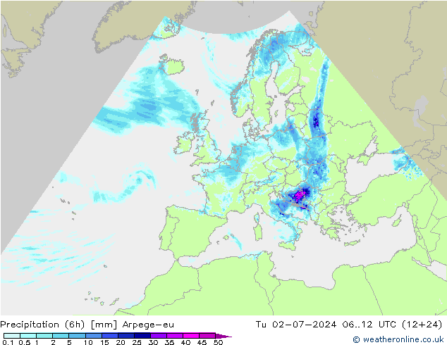 降水量 (6h) Arpege-eu 星期二 02.07.2024 12 UTC
