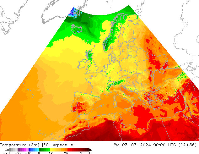 Temperatuurkaart (2m) Arpege-eu wo 03.07.2024 00 UTC