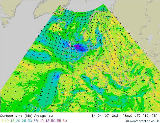 Wind 10 m Arpege-eu do 04.07.2024 18 UTC