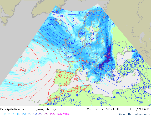 Totale neerslag Arpege-eu wo 03.07.2024 18 UTC