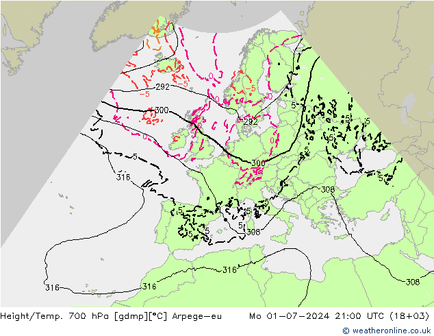 Height/Temp. 700 hPa Arpege-eu 星期一 01.07.2024 21 UTC